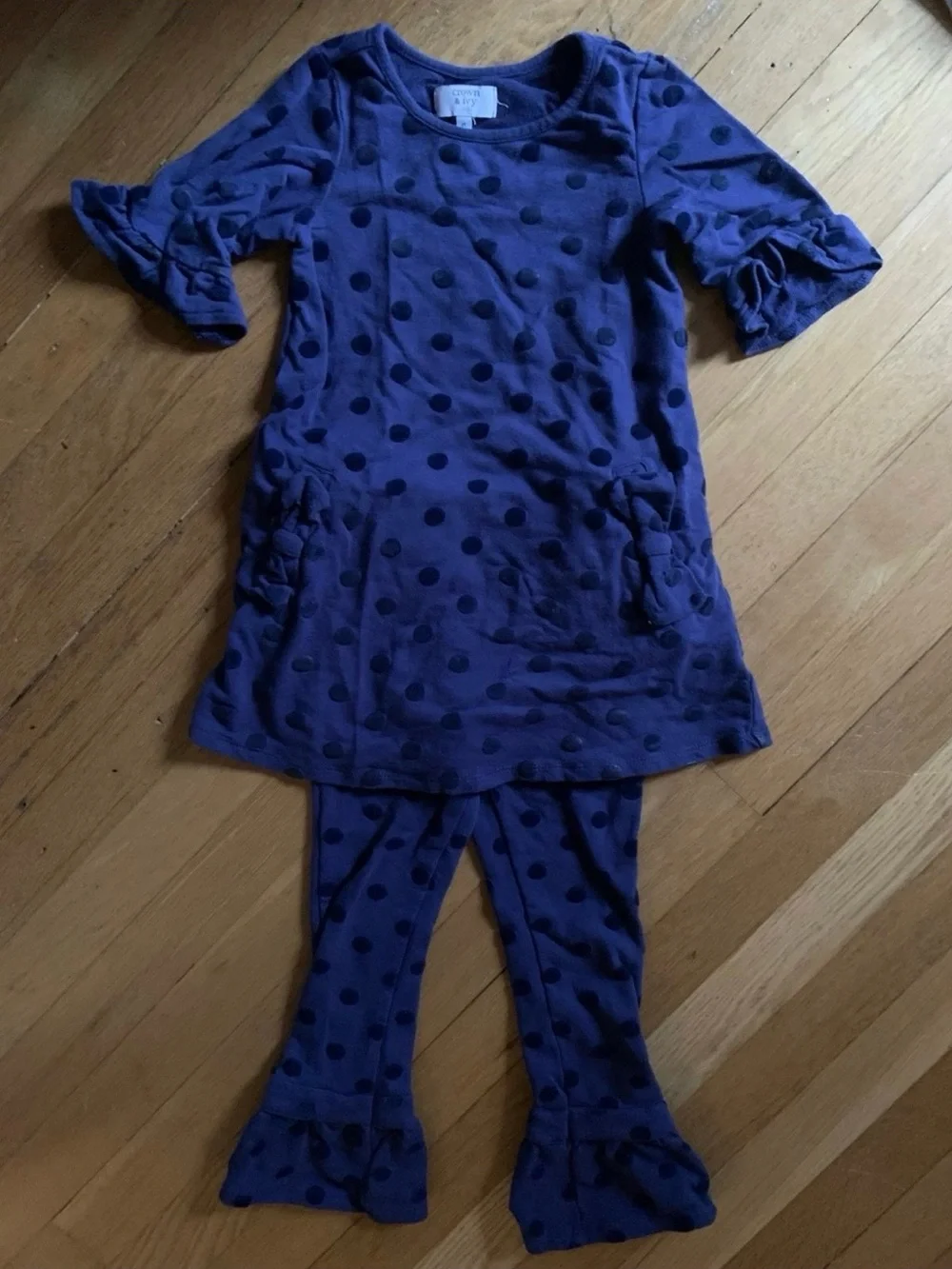 crown & ivy Purple Polka Dot Dress with Ruffle Leggings